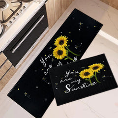 Tayney Sunflower Kitchen Rugs and Mats Non Skid Washable Set of 2 You are My Sunshine Kitchen Mats for Floor Cute Yellow Flower Bee Kitchen Runner Rug Black Background Kitchen Decor