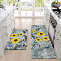 Likiyol Sunflower Kitchen Rugs Sets of 2 Kitchen Mats for Floor Anti Fatigue Mats for Kitchen Floor Spring Kitchen Rugs Non Slip was Washable Floral Standing Floor Mats 18x30+18x48 (Gray)